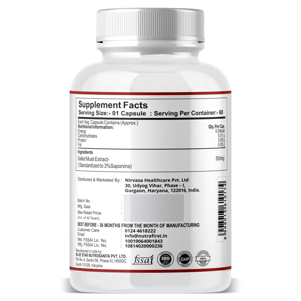 Nutrafirst Safed Musli Extract Capsules (500mg, 60 Caps) | Natural Strength, Stamina & Energy Booster | Supports Muscle Health, Performance, Vitality & Immunity | For Men & Women