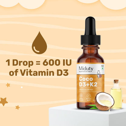 Miduty Coco D3 + K2 Vitamin D3 Drops for Babies & Kids | 600 IU D3 with MK-7 (K2) | Cholecalciferol + MK-7 for Stronger Bones, Teeth, Joints & Immunity | 50 ml