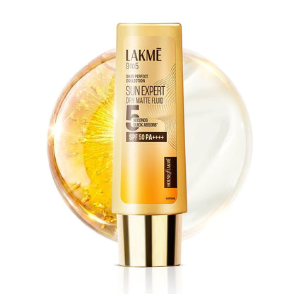 Lakme Sun Expert dry matte fluid bottle with a white background