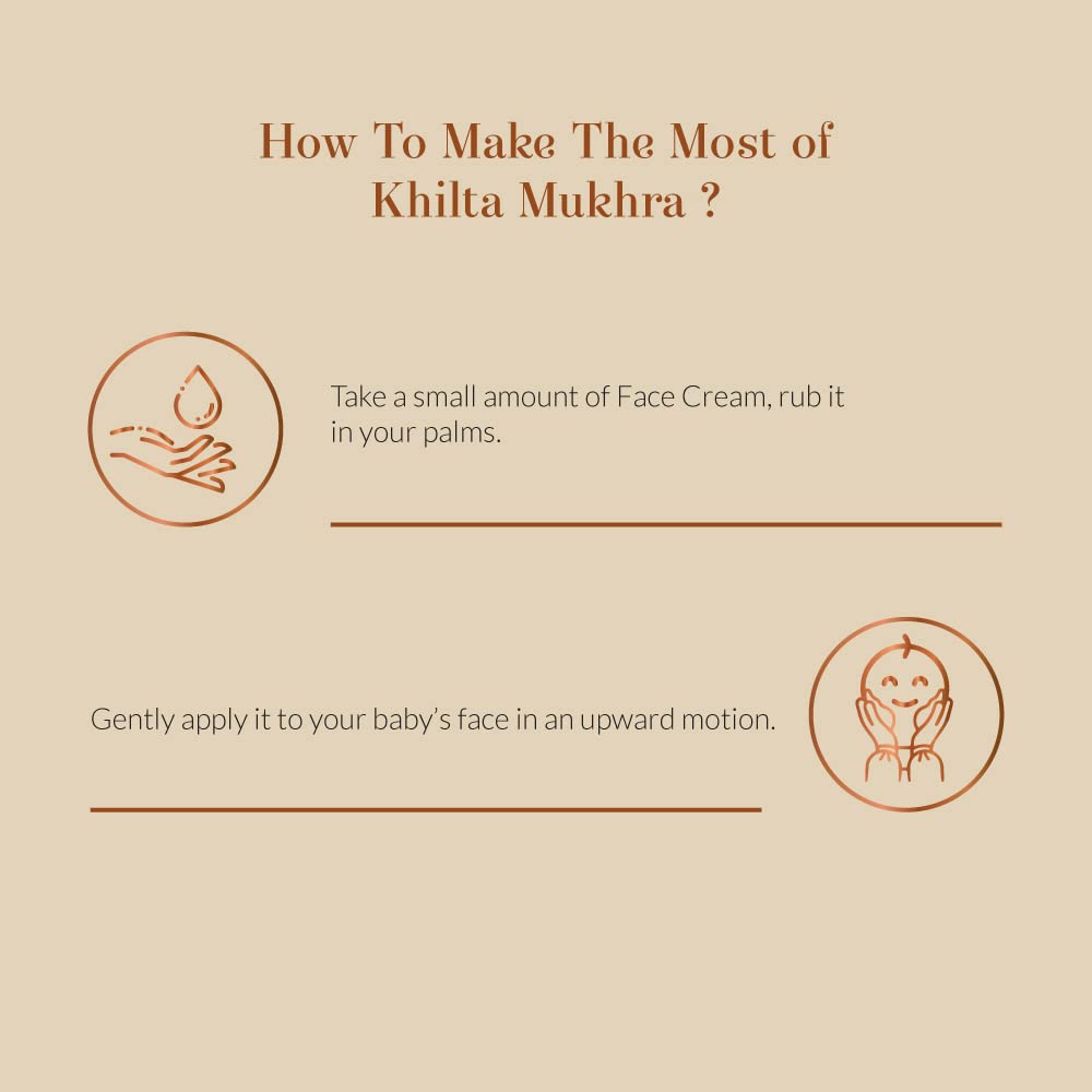 Instructions on how to apply Khilta Muhkra face cream with icons and text.