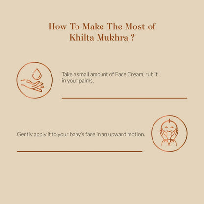 Instructions on how to apply Khilta Muhkra face cream with icons and text.