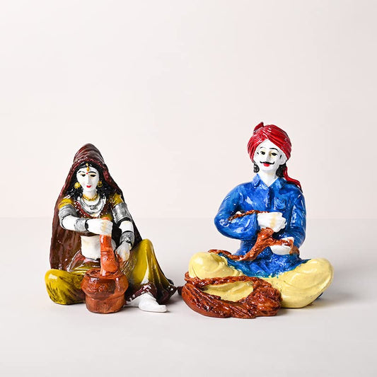 Decorative Rajasthani Village Couple Showpiece Figurine Idol Set for Living Room, Bedroom, Table Desk, Office/Home Decoration