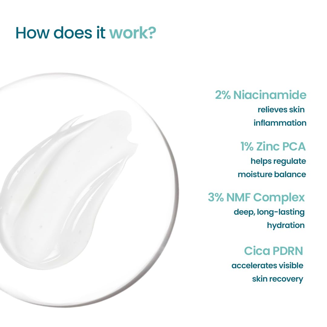 Skincare product with text detailing its ingredients and benefits on a white background