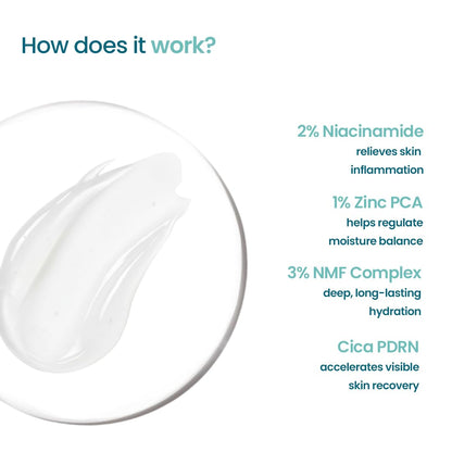 Skincare product with text detailing its ingredients and benefits on a white background