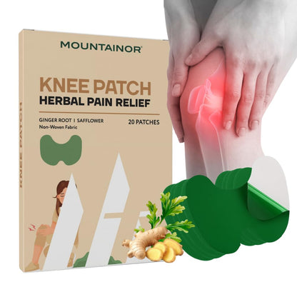 Mountainor knee patch for herbal pain relief with packaging and a hand holding a knee.