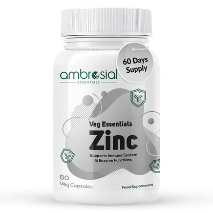 Ambrosial Essentials Zinc supplement bottle on a white background