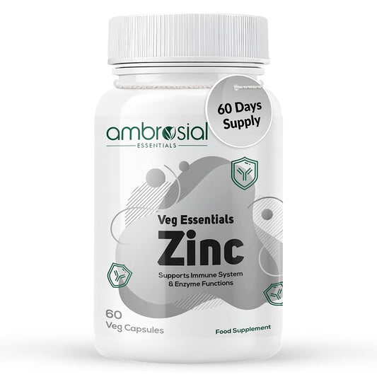 Ambrosial Essentials Zinc supplement bottle on a white background