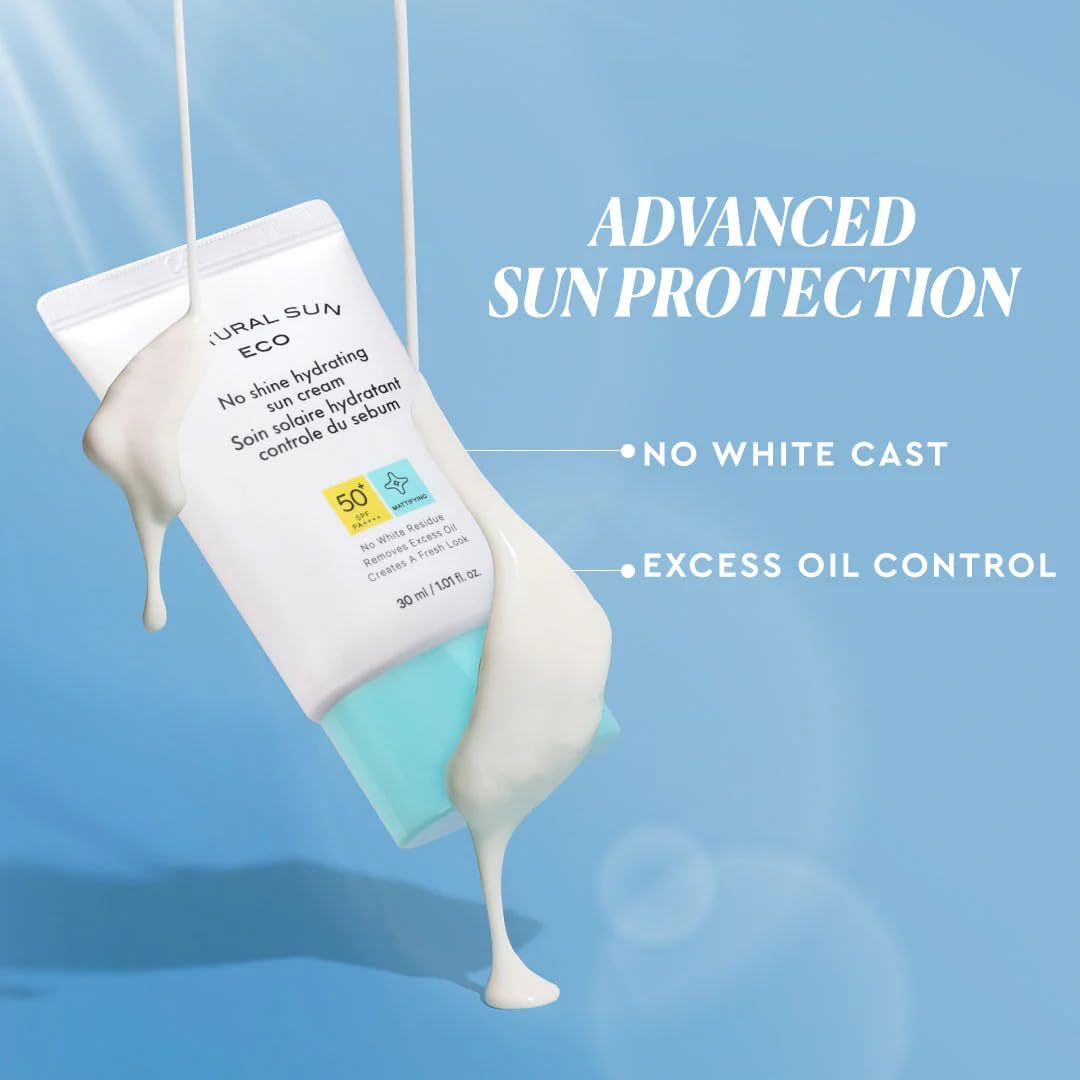 Sunscreen bottle with 'Natural Sun Eco' branding on a blue background, highlighting 'Advanced Sun Protection' features.