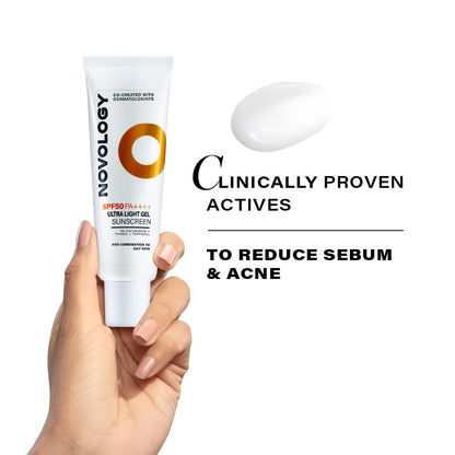 Novology sunscreen tube held by a hand with text about clinically proven actives.