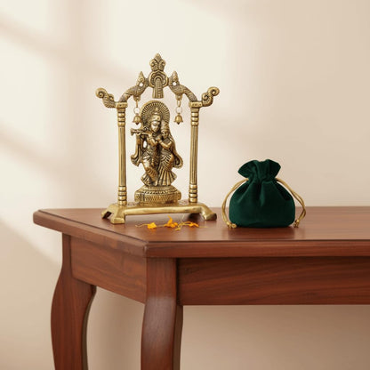 Metal Lord Krishna Swing Statue with Antique Gold Finish & Bells - Spiritual Krishna Idol for Home Décor, Mandir Decoration, 6-Inch Brass Religious Sculpture