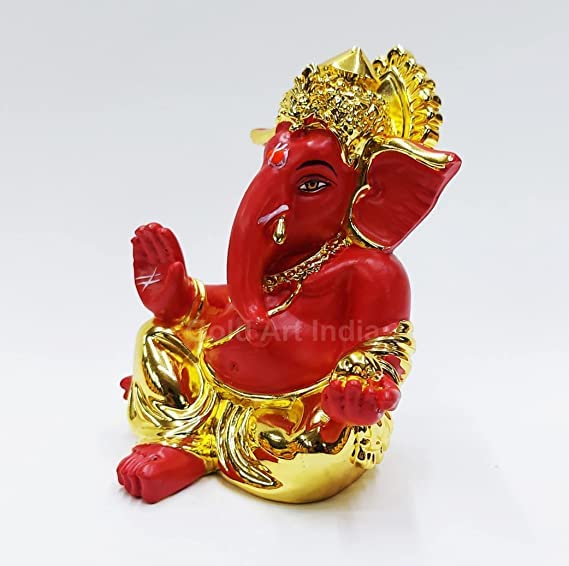 Gold Art India Gold Plated with Red Terracotta Gaddi Ganesha for Car Dashboard Home Decor Gifting Diwali Birthday Festivals (Gold Red)