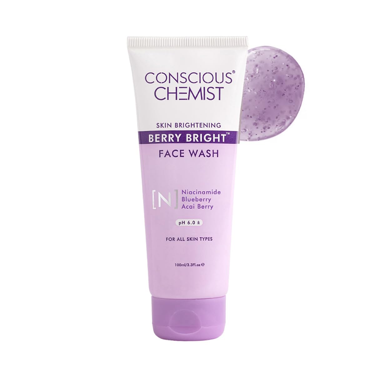 Tube of Conscious Chemist Berry Bright Face Wash with a sample on a white background