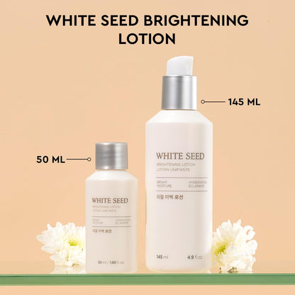Two bottles of White Seed Brightening Lotion with measurements on a beige background