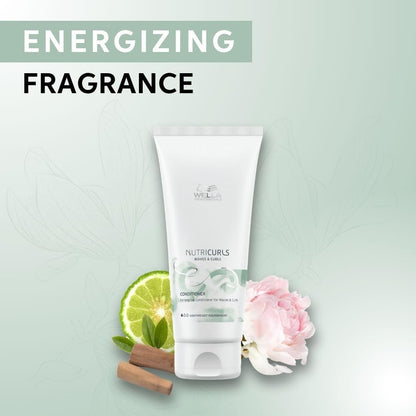 Tube of Wella Nutricurls conditioner with lime, cinnamon, and flower on a light green background