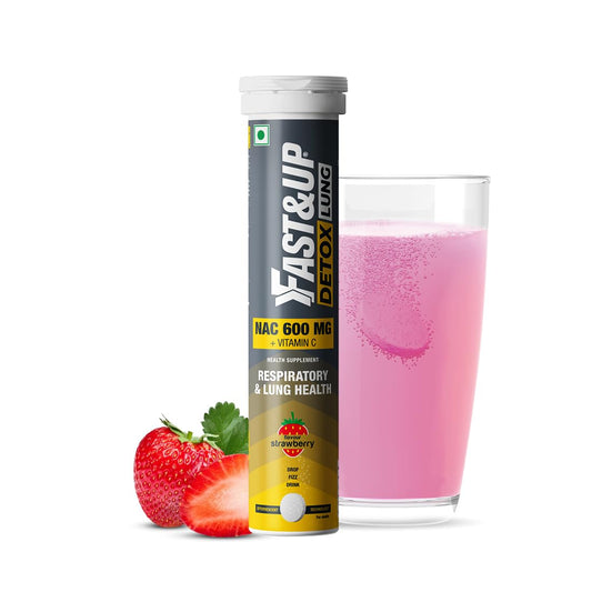 Fast&Up Detox Lung supplement tube with a glass of pink drink and strawberries on a white background