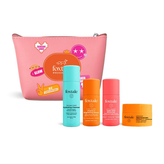 Foxtale On the Glow Travel Kit | Vitamin C, Niacinamide & Peptides | Brightening & Hydrating Skincare Set | For Glowing Skin | Travel Pouch Included | Pack of 4 | Travel & Pocket Friendly | Gift for Birthday and Anniversary