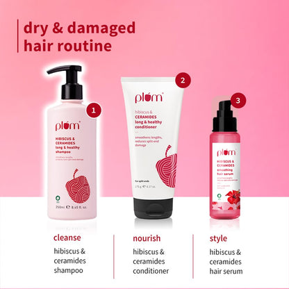 Plum Hibiscus & Ceramides Long & Healthy Shampoo | Hydrates Dry and Damaged Hair, Prevents Split Ends, Repairs Damage |Contains Hibiscus Extracts, Ceramides |100% Vegan | 250ml