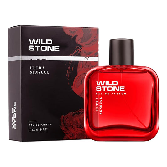 Red Wild Stone perfume bottle and packaging on a white background