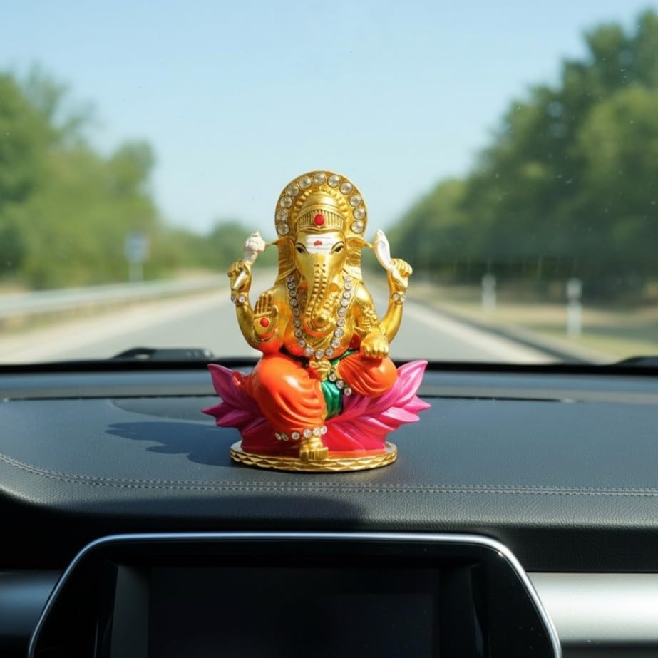 Yaa Catchy Lord Ganesha Car Dashboard Idol & Crystal Stones Lotus Base Design Hindu God Ganpati.Believed to Protect and Bless Travelers on Their Journeys. (Color)
