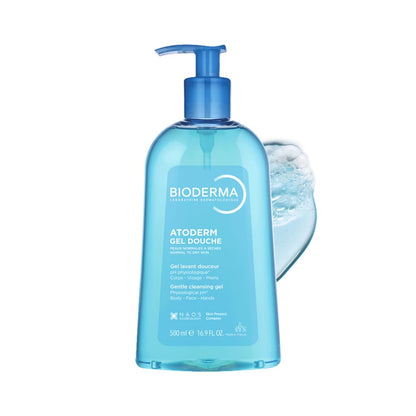 Bioderma Atoderm gel douche bottle with pump on a white background