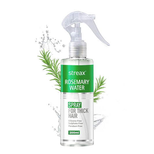 Spray bottle labeled 'streax Rosemary Water' on a white background with rosemary leaves.