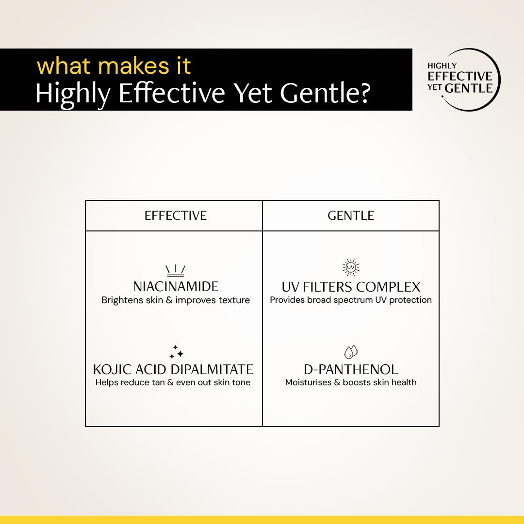 Product label highlighting effective and gentle ingredients on a beige background