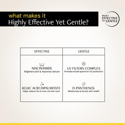 Product label highlighting effective and gentle ingredients on a beige background