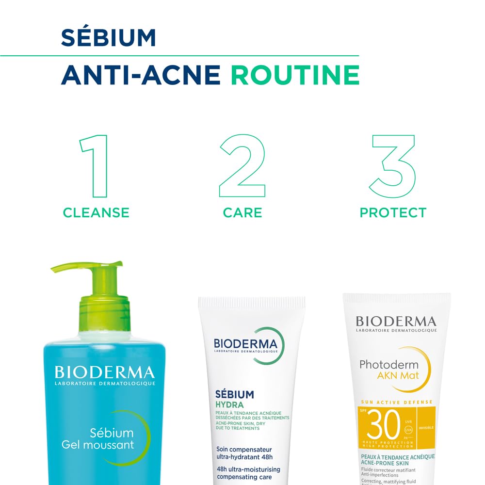Bioderma Sébium anti-acne routine with three products on a white background