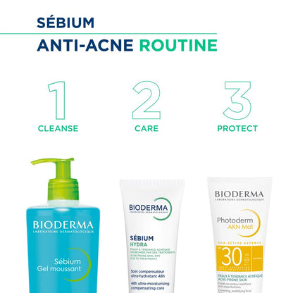 Bioderma Sébium anti-acne routine with three products on a white background