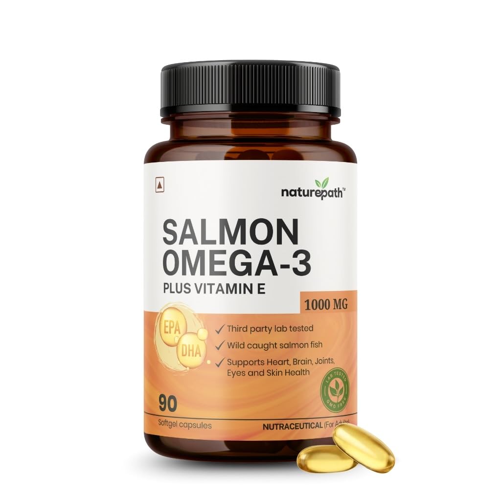 NaturePath Salmon Omega 3 Fish Oil capsules plus Vitamin E - 1000mg - For Men & Women - Supports Heart, Brain, Joints, & skin Health - No Fishy Aftertaste - 3rd Party Lab Tested - 90 Softgels