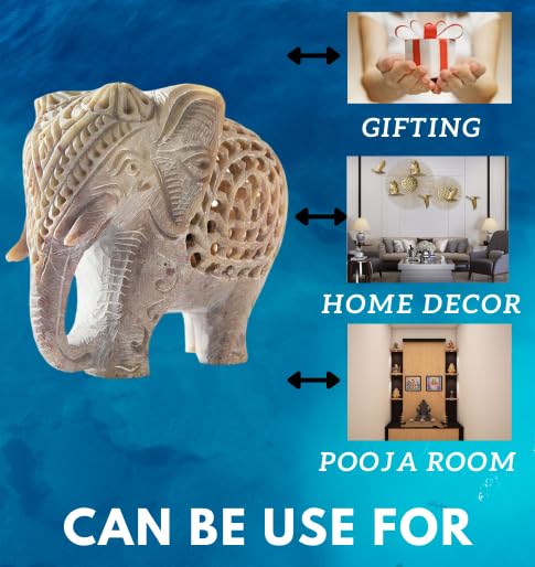 Shopstone Elephant Figurines Handmade in Jali Or Openwork from A Single Block of Stone from India, White, 3 inch