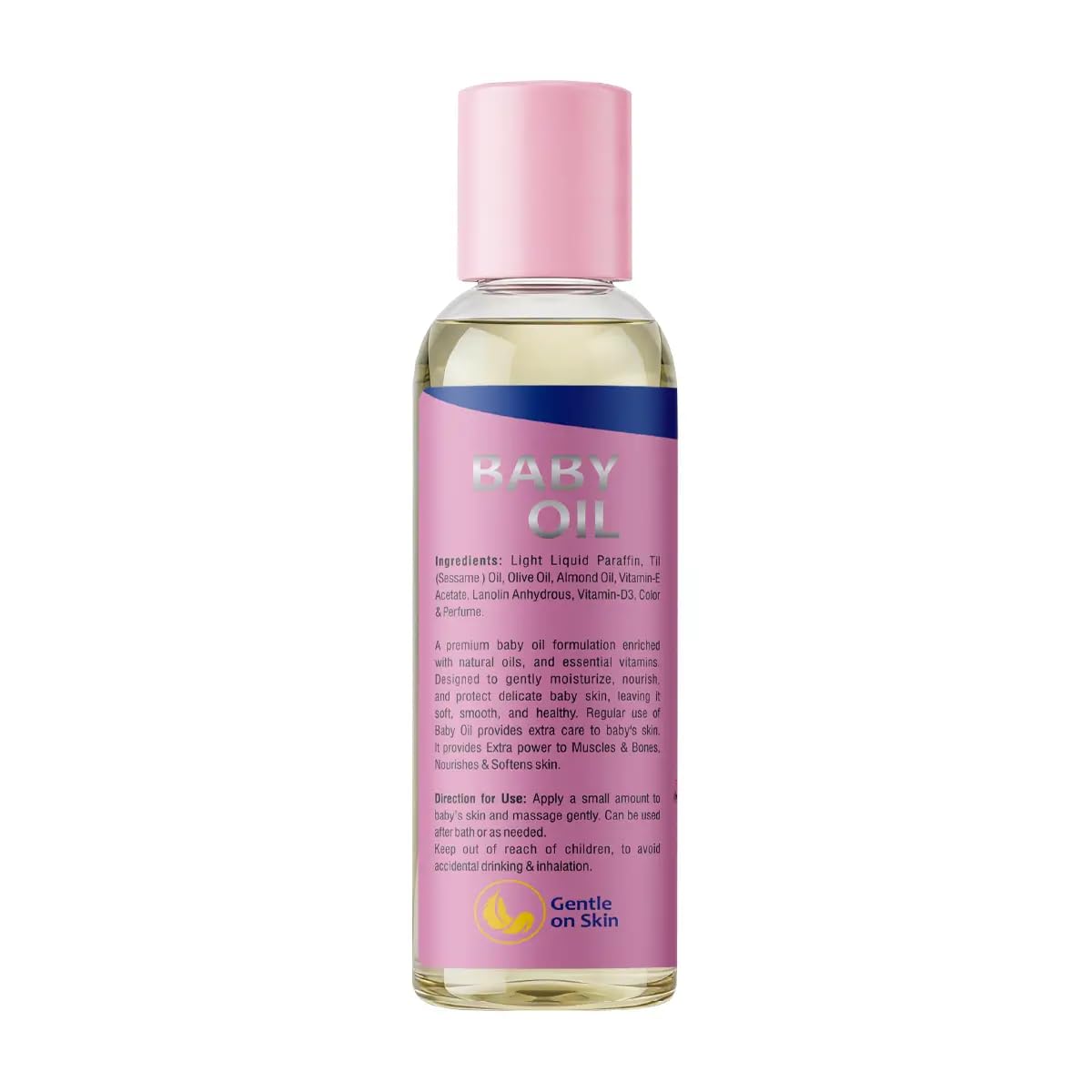 Bottle of Kaky oil with pink cap and label on a white background