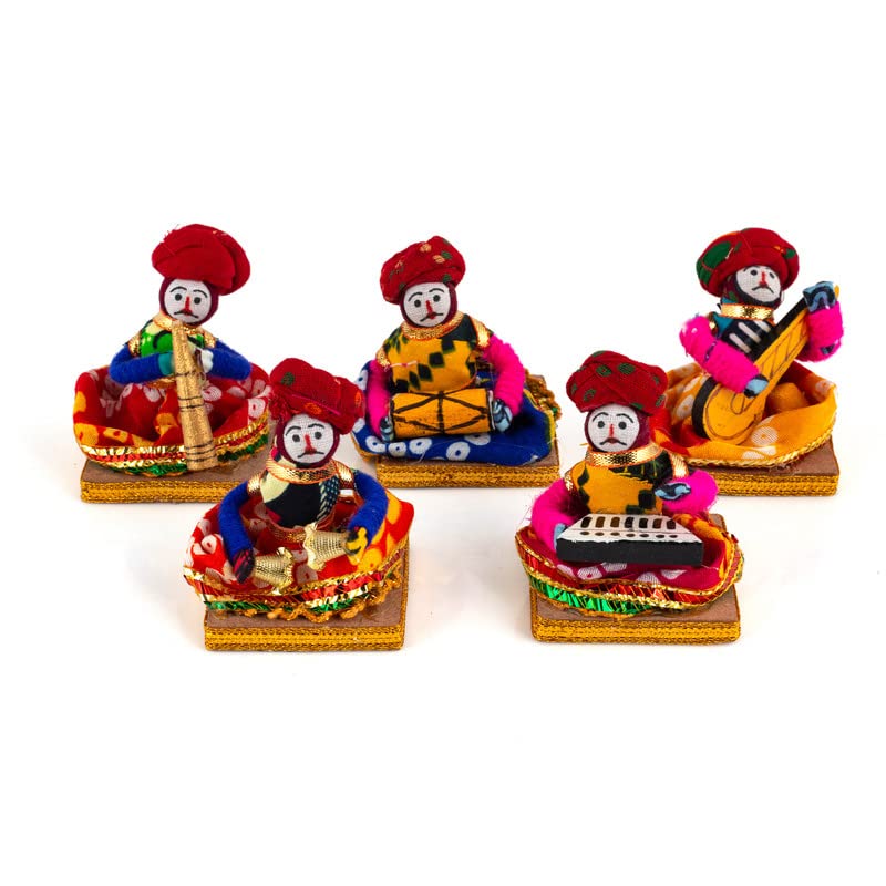 JH Gallery Recycled Material Rajasthani Musician Bawla Puppets Idol (7x28 cm Multicolor) -5 Piece (Male Puppets)