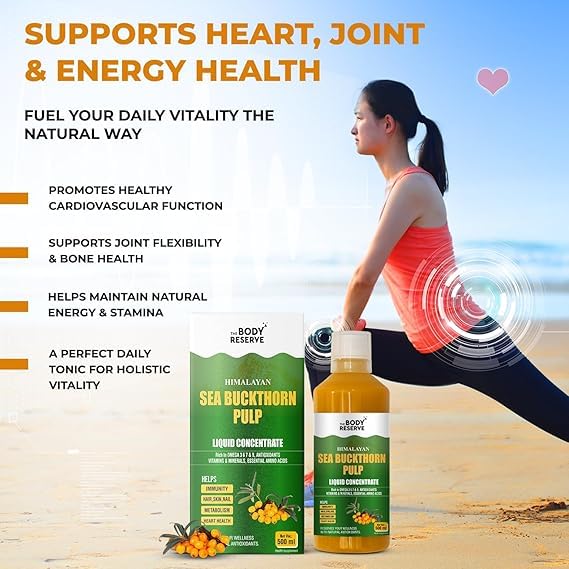 Bottle of Himalayan Sea Buckthorn Pulp with packaging on a beach background, promoting health benefits.