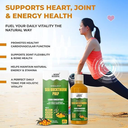 Bottle of Himalayan Sea Buckthorn Pulp with packaging on a beach background, promoting health benefits.