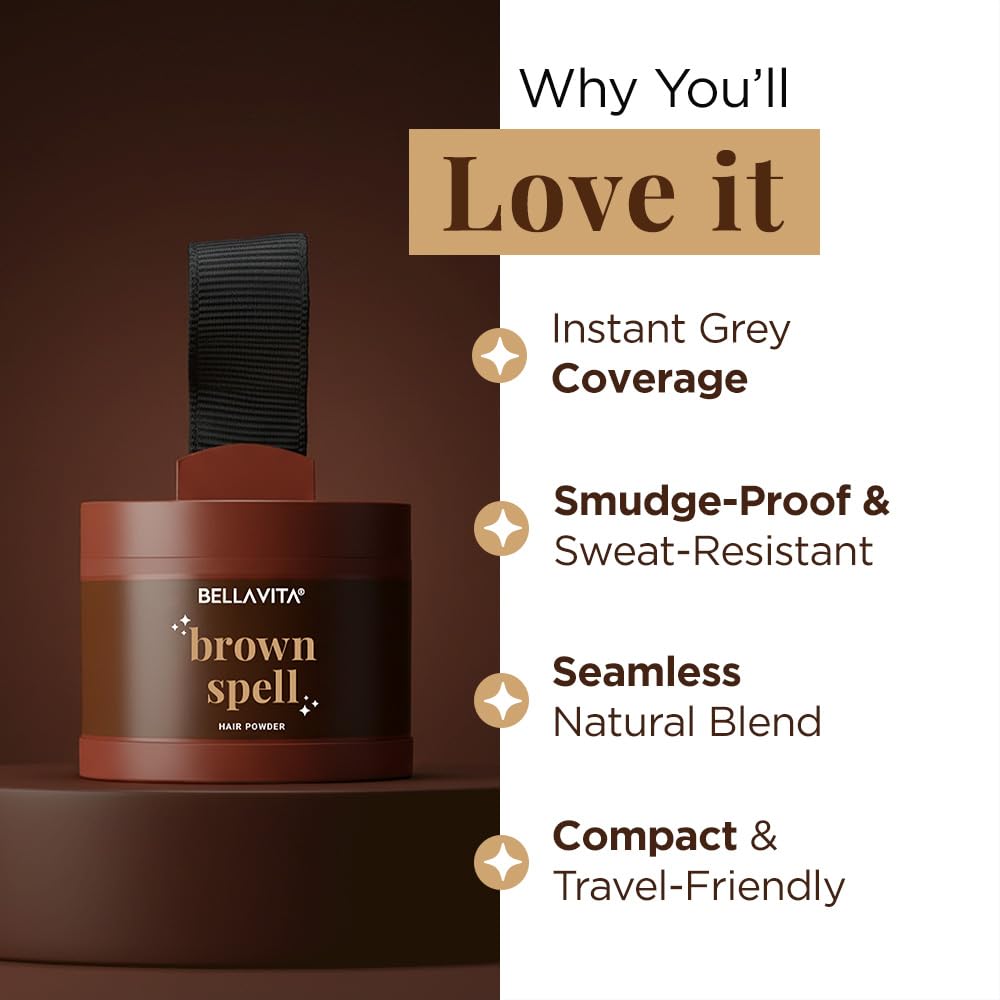 Bellavita Brown Spell hair powder with a brush on a brown background, featuring product benefits.