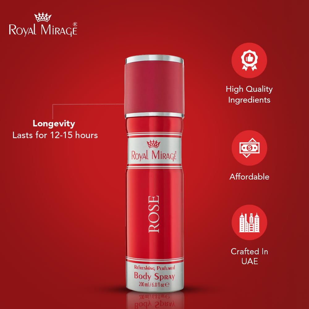 Red body spray bottle with 'Royal Mirage' branding on a red background