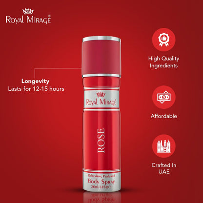 Red body spray bottle with 'Royal Mirage' branding on a red background