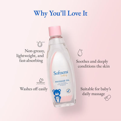 Softsens Baby Calming Massage Oil with Vitamin E, Coconut, Almond & Olive | Free from parabens and harmful chemicals 200ml