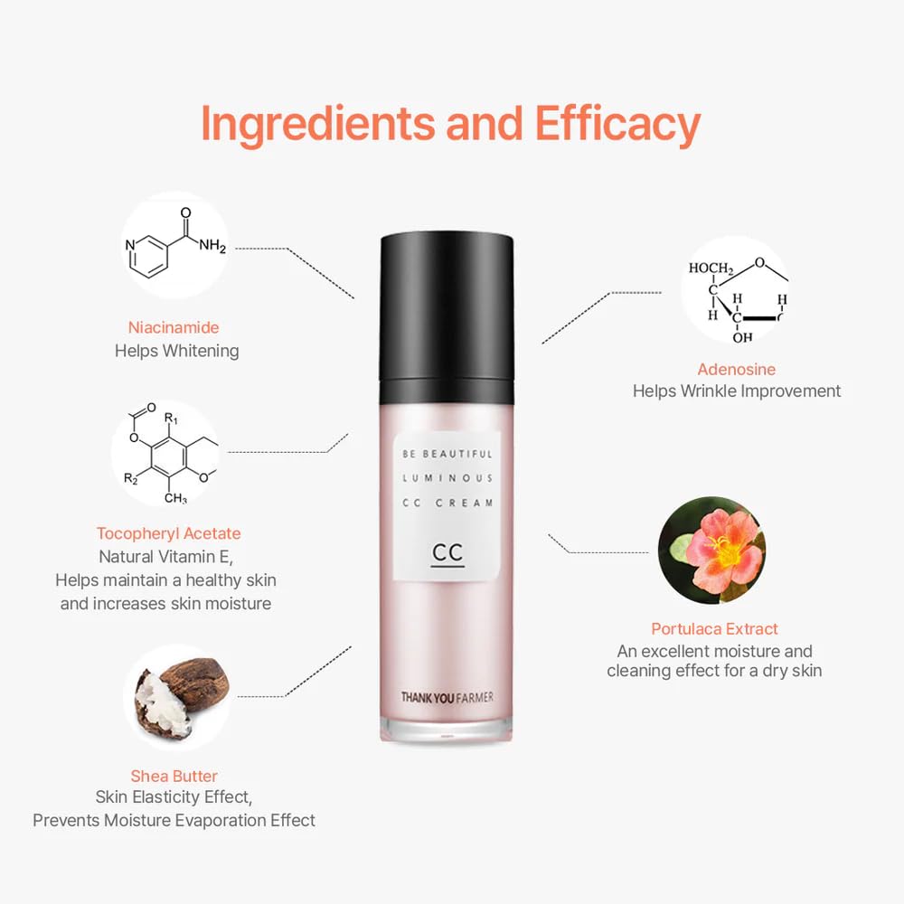 THANKYOU FARMER Be Beautiful Luminous CC Cream SPF30 PA++ (40ml) Korean Brightening Colour Corrector Cream with SPF30 Sun Protection, Hydrating, Lightweight Daily CC Cream for Natural Radiant Glow & Even Skin Tone