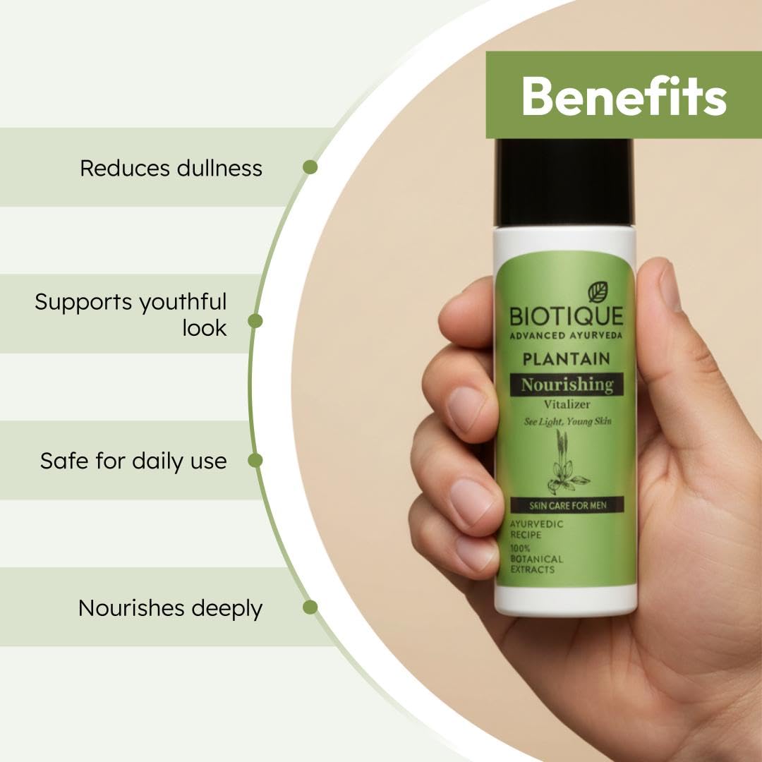 Biotique plantain nourishing skincare product held in a hand with benefits listed on the left.