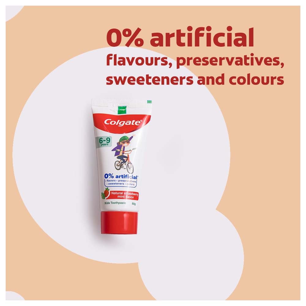 Colgate Toothpaste For Kids (6-9 Years), Natural Strawberry Mint Flavour, 0% Artificial, Oral Care - 80G Tube & Kids Batman Toothbrush, Extra Soft With Tongue Cleaner (Pack Of 3)
