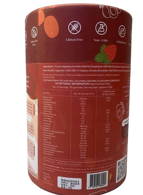 Back view of a red container with nutritional information and ingredient list on a white background