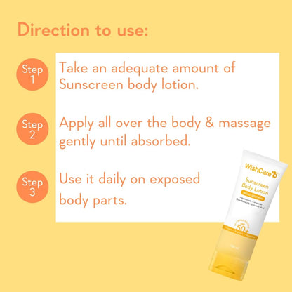 Sunscreen body lotion with usage instructions on a yellow background