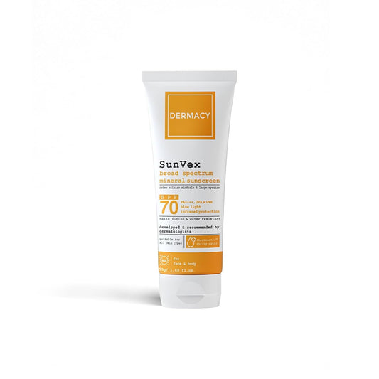 Dermacy Sunvex | Broad - Spectrum Mineral Sunscreen | SPF 70, PA++++ | Effective Coverage From Sun Rays | Suitable For All Skin Types | For Women and Men| 50g