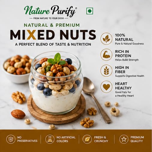 Nature Purify Premium Mix Dry Fruits | Almonds, Cashews, Kishmish, Apricots & Seeds Mix | Fresh Crunchy Nut & Fruit Combo Pack for Snacking & Gifting | Jar Pack Of 1