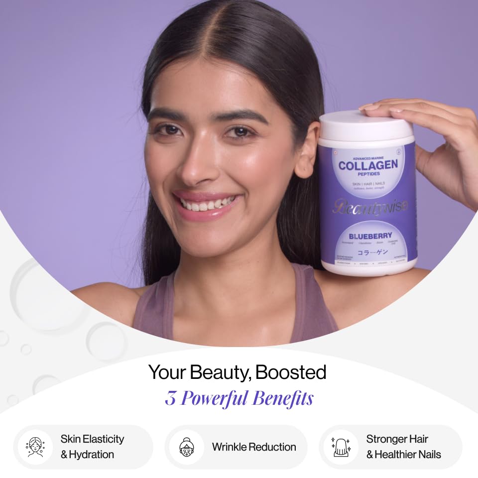 Woman holding a container of collagen powder with promotional text on a purple background
