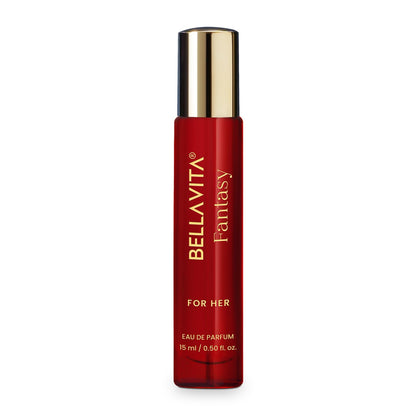 Red Bellavita Fantasy for Her perfume bottle on a white background