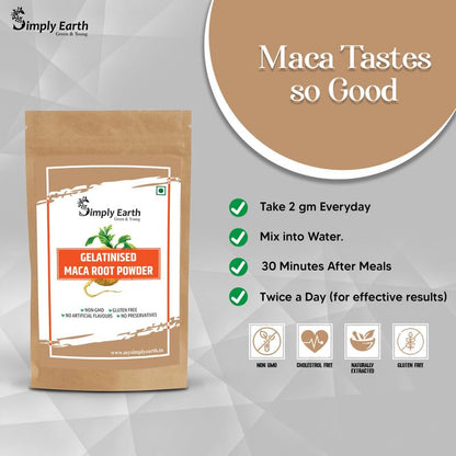Simply Earth Gelatinised Peruvian Yellow Maca Root Powder, Organic Herbal Supplement | Improves Energy And Stamina | Good For Men And Women - 75 GMS
