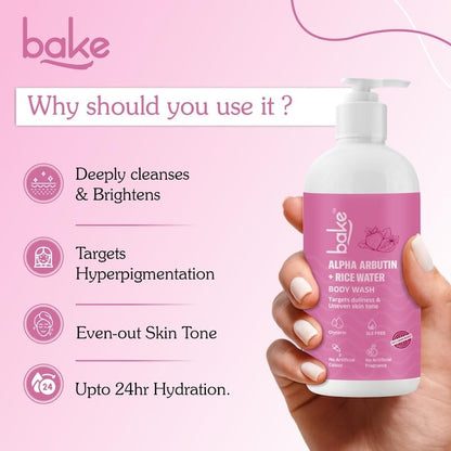 BAKE Alpha Arbutin Body Wash for Dark Spots & Uneven Skin Tone With Rice Water | Brightens Skin & Reduces Pigmentation | For Women & Men | 250ml